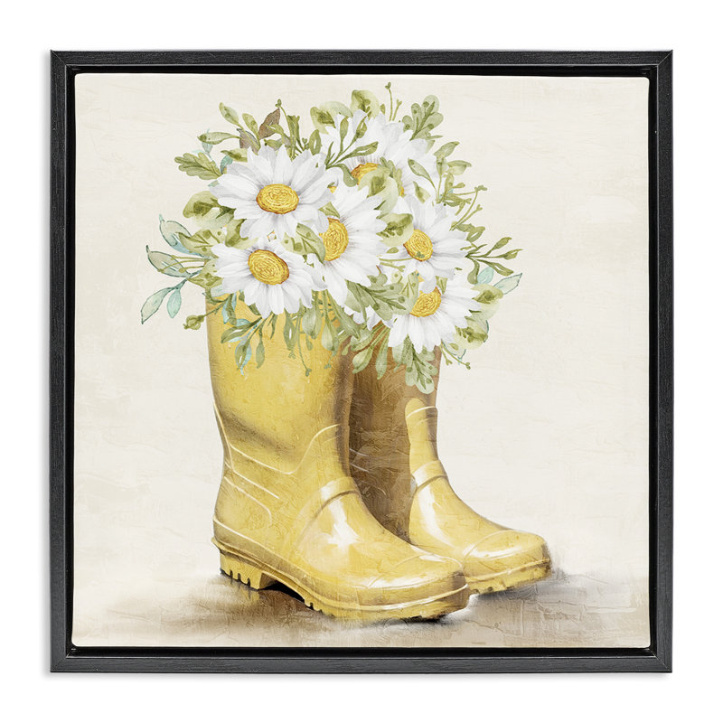 «Sunny Garden bottes», art mural encadré par Kim Allen, Cadre flottant noir de jais, H 18 po x l 18 po