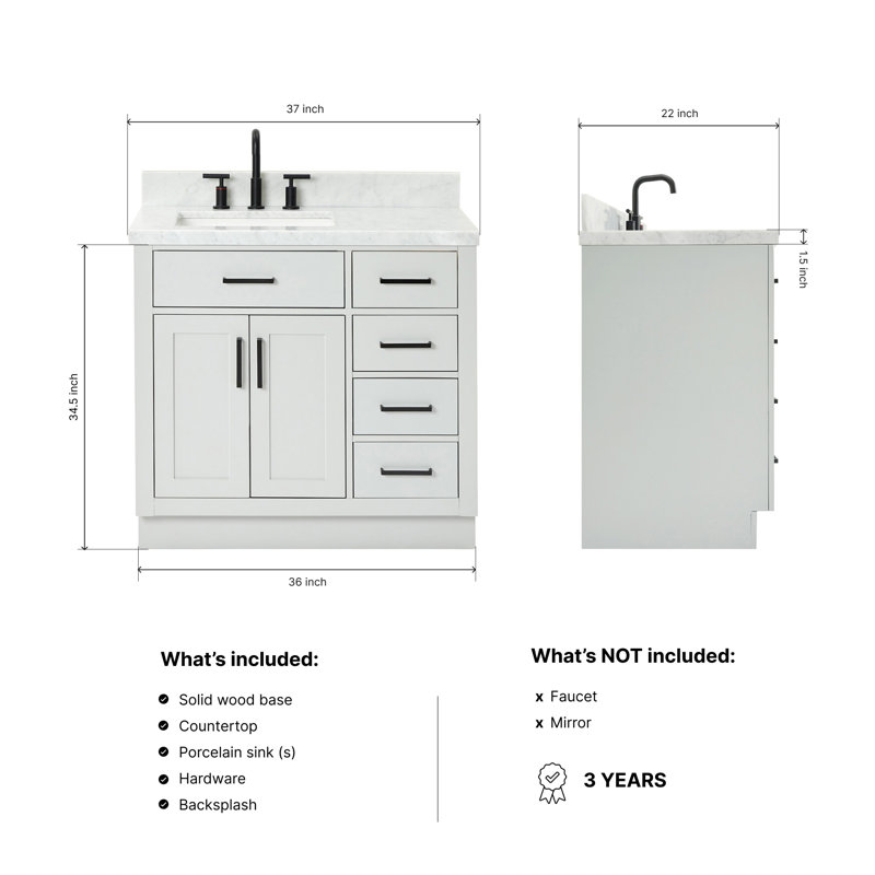 ARIEL HEPBURN 37 IN RIGHT OFFSET RECTANGULAR SINK VANITY 1,5 IN, Left, Rectangular, Gray
