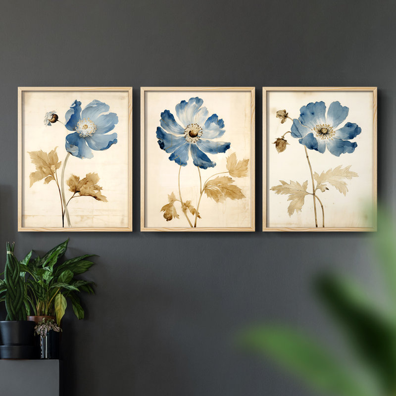 Étude florale, série 11, ensemble de 3 estampes numériques, prêt à accrocher, H 10 po x l 8 po, Encadré naturel
