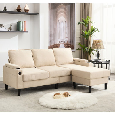 3 compartiments beige avec rangement et poches d'accoudoirs profitables - Canapé modulaire pour port de salon, porte-gobelets et porte-revues avec détails précieux pour appartement