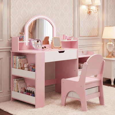 Ensemble de coiffeuse, coiffeuse et chaise pour enfants avec miroir lumineux à DEL pour enfants, bureau de maquillage rose avec tiroir et tablettes