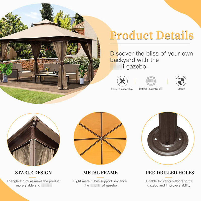 Pavillon de jardin 10 pi x 13 pi - Toit souple à double toit avec cadre en métal pour terrasse et jardin