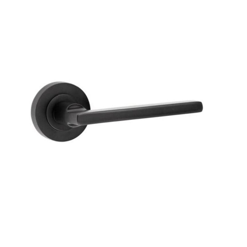  Leon Straight Design Door Handles on Round Rose in Stunning Matt Black Finish 3 Lever Mortise Lock and 1 Pair of Ball Bearing Hinges