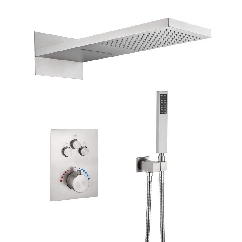 Herathena 3 Functions Thermostatic Luxury Shower System with Rough-in Valve, Brushed Nickle