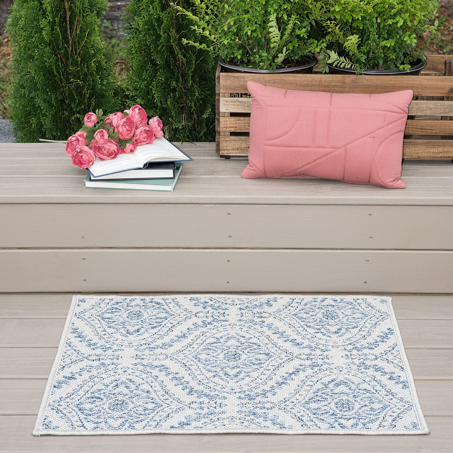 Bungalow Rose Cream/Blue Indoor/Outdoor Rug & Reviews | Wayfair