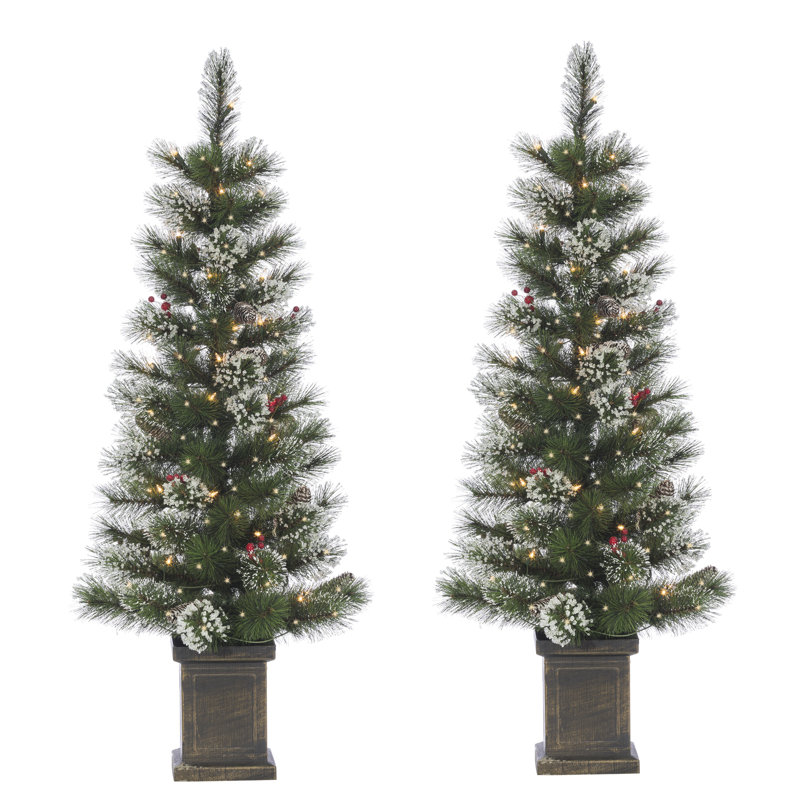 Set Of 2 Elegant 4 Foot Potted Hard Mixed Needle Loveland Spruce Trees With Decorative Accents