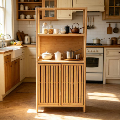 Bamboo Storage Cabinet, Freestanding Bathroom Cabinet with 2 Doors, Floor Cabinet Organizer