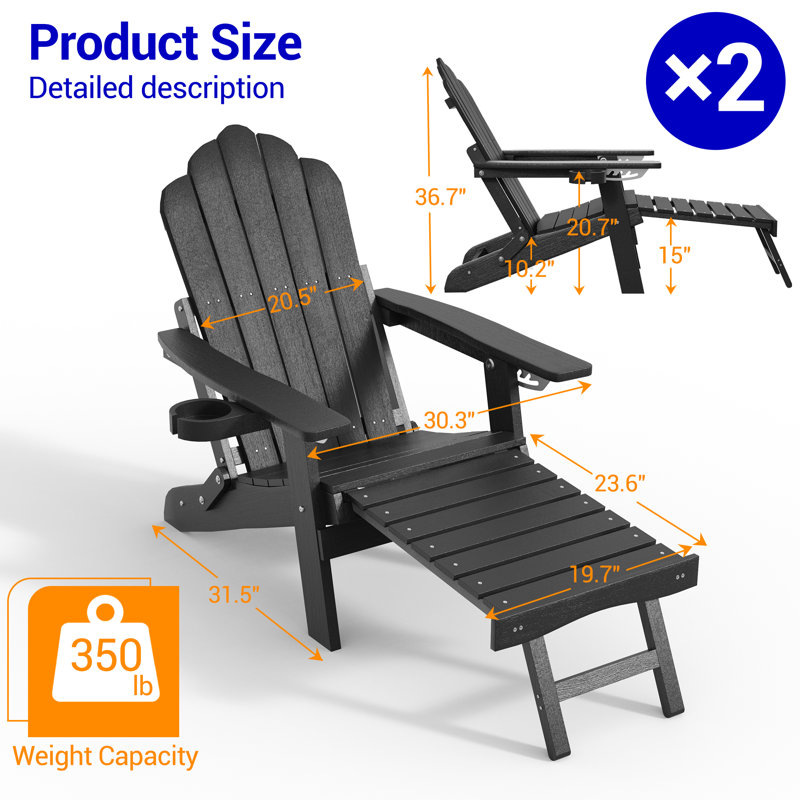 Folding Adirondack Chair with Cup Holders, Fire Pit Chair with Retractable Ottoman,  Multifunctional HIPS Chair for Porch, Patio, Balcony