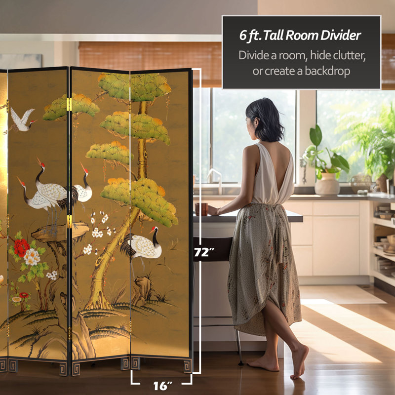6 Ft. Tall Gold Lacquer Room Divider - Cranes