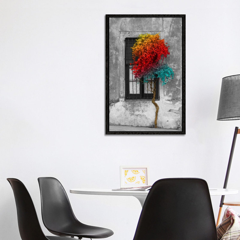 Tree In Front Of Window Rainbow Pop Colour Pop - Print on Canvas, 66.04 cm H x 45.72 cm W, Black Floater Framed