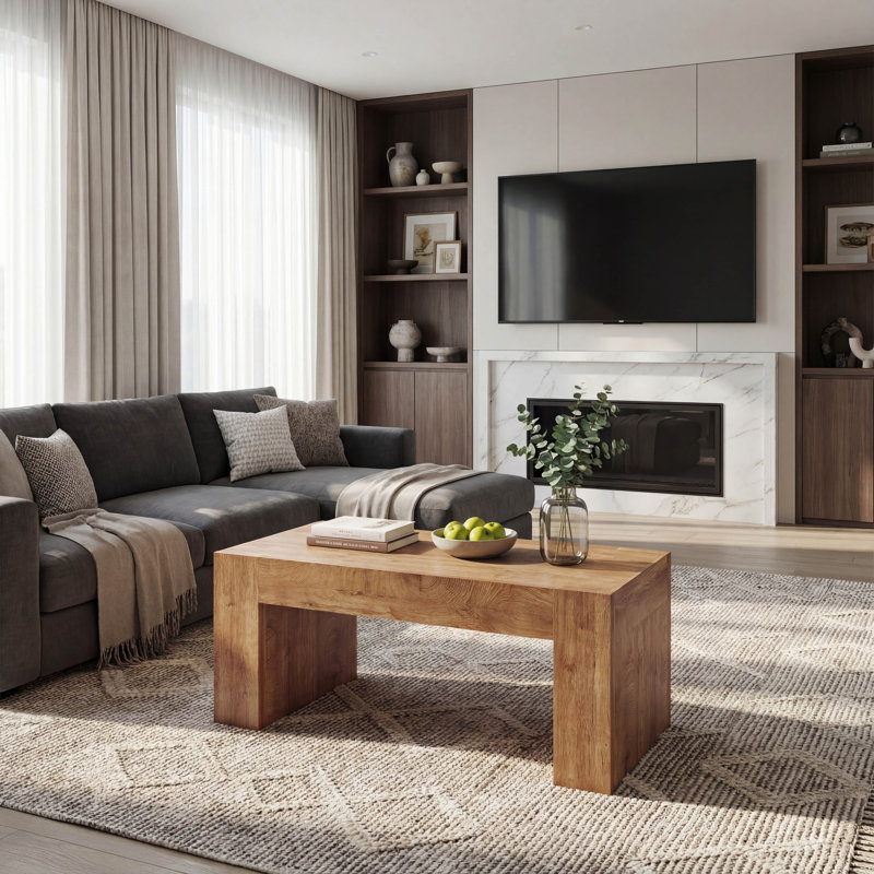 48 Inch Farmhouse Rectangle Coffee Table with Hidden Storage Drawer in Natural Wood Color