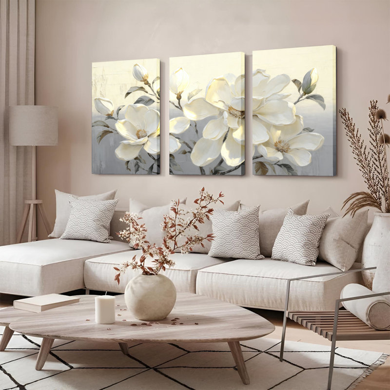 Ensemble de 3 toiles murales à motif floral de magnolia blanc - motif floral élégant pour salon, chambre ou décoration intérieure