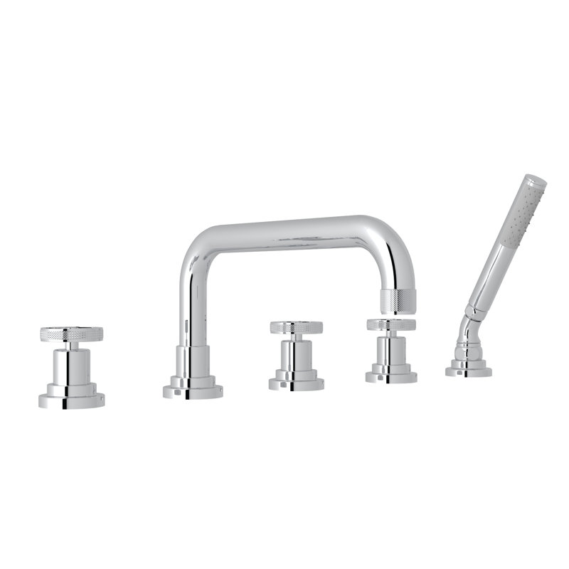 Lombardia® Deck Mounted Roman Tub Faucet, Polished Chrome, Industrial Metal Wheel Handle