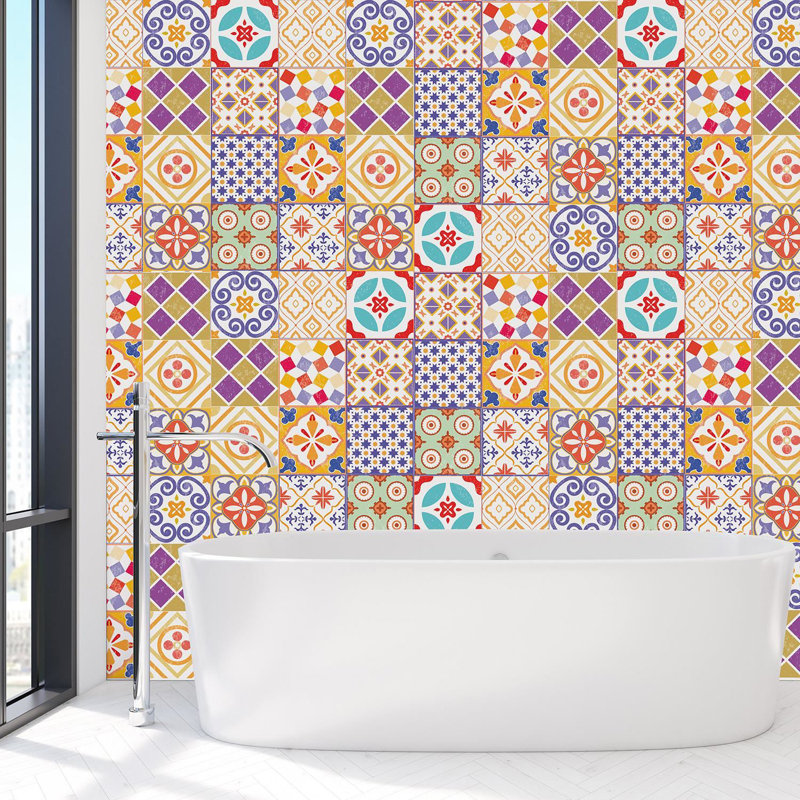 Colourful Moroccan Tiles Wall Stickers 15cm x 15cm PVC Peel & Stick Mosaic Tile