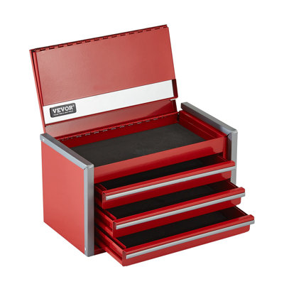 Metal Tool Box, 8.6-Inch, Portable Metal Tool Box With 3 Drawers, Small Tool Chest With EVA Liners And PP Feet Pads, Heavy-Duty Steel With Ball Bearing Opening And Powder Coated Finish, Red