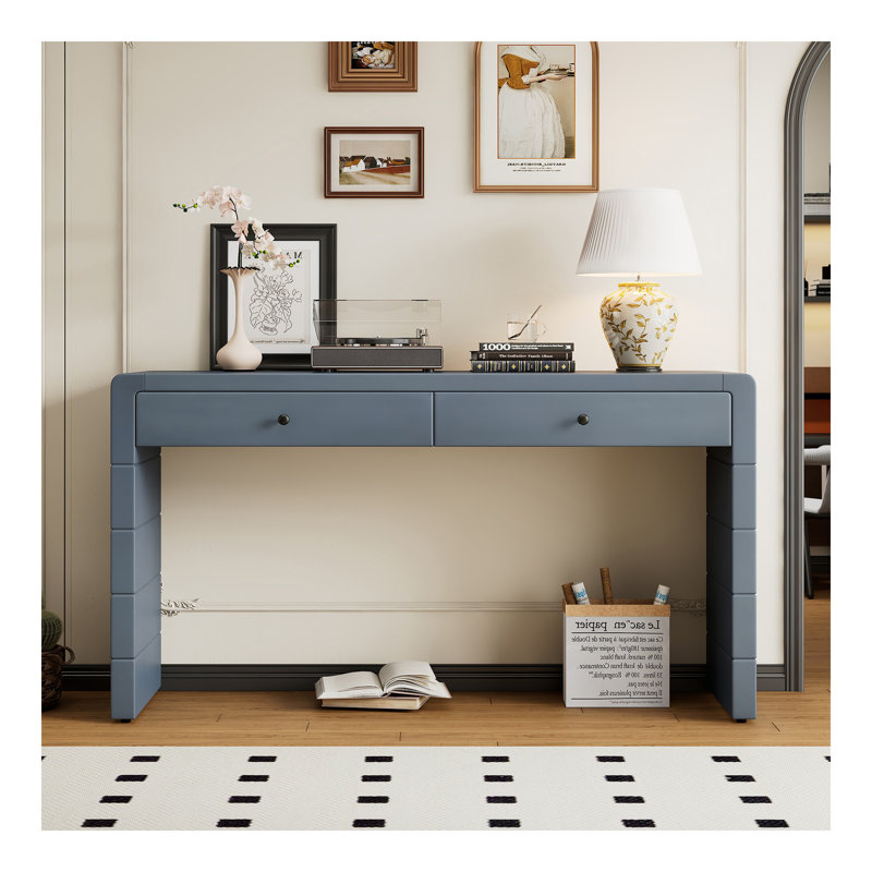 Console courbée avec rangement, table d'entrée en bois avec 2 tiroirs, console rustique de style campagnard pour entrée, couloir, salon, bleu marine