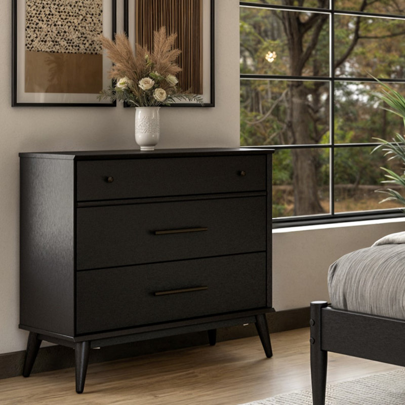 Ashlie 3 Drawer 36" W Wood Dresser, Black