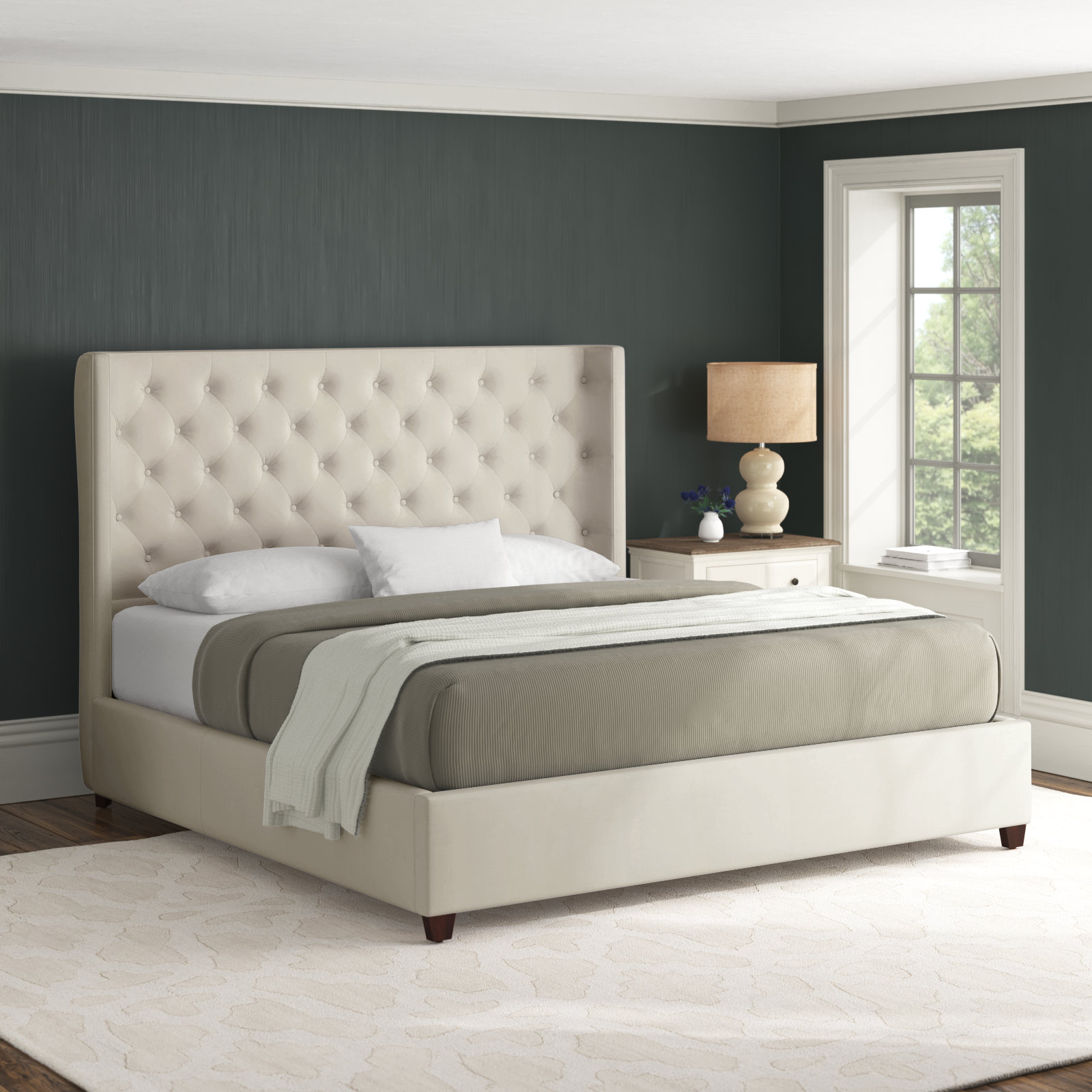Naveen Upholstered Wingback Bed, Light Beige Linen