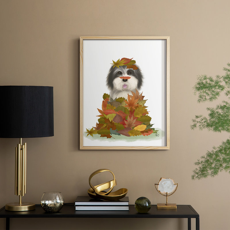 Landed in Autumn, reproduction encadrée de chien noir et blanc - bois massif, H 11 po x l 9 po