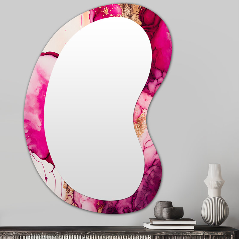 Serenity In Raspberry Blush V - Formes asymétriques abstraites à encre liquide - Grand miroir mural moderne, 31 po x 22 po