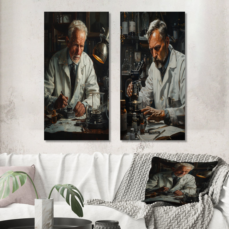 Ensemble de 2 pièces d'art mural blanc et noir - Laboratoire scientifique microscopique III, Toile tendue, H 28 po x l 24 po