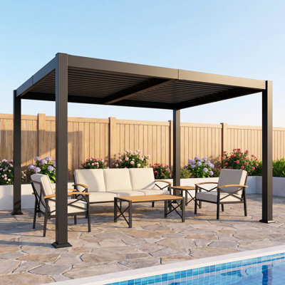 Aluminum 10' x 12' Pergolas with Adjustable Metal Louvers & Hidden Drainage, Weather Resistant Outdoor Pergola with All Aluminum Frame for Backyard, Poolside