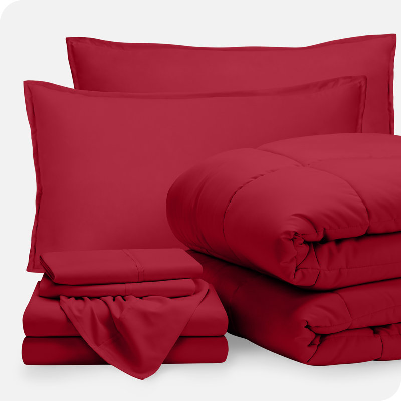 Lit dans un sac en microfibre 1800 de qualité supérieure 1800, Rouge / rouge, Édredon double + 6 pièces supplémentaires