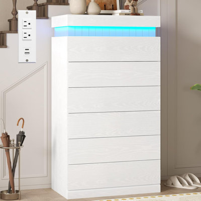 6 Drawers Dresser, Modern Chest Of Drawer With Led Light And Power Outlet, Floating Dresser by Wrought Studio