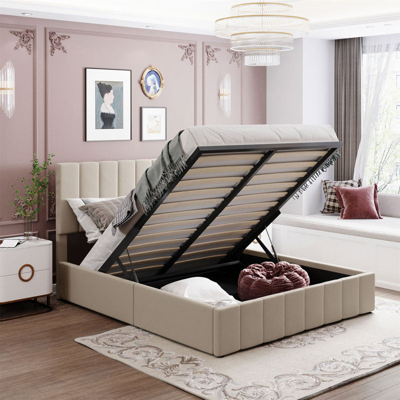 Lit plateforme tapissier avec rangement et tête de lit capitonnée, Beige, Plein