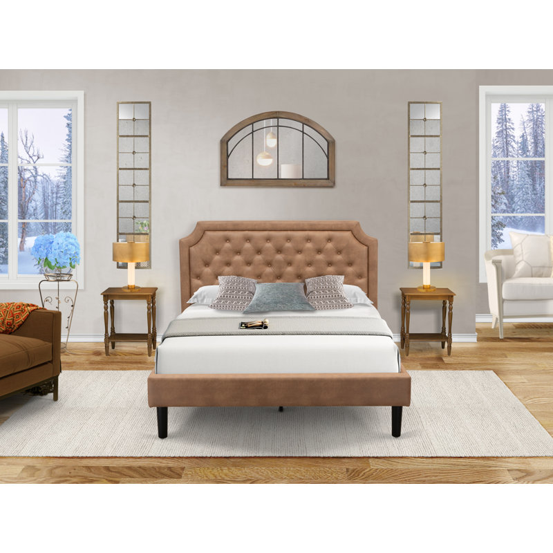 3-Piece Granbury Bed Set with Button Tufted Queen Wood Bed Frame and 2 Antique Walnut Wood Nightstands - Brown faux Leather with Brown Texture and Black Legs