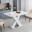 Table de salle à manger moderne carrée, extensible, plateau de table blanc + pied de table en MDF en X avec base en métal