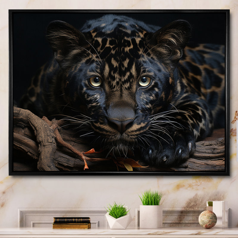Black White Panther Portrait - Animals Canvas Wall Art, H 12 po x l 20 po x P 1 po, Cadre flottant noir