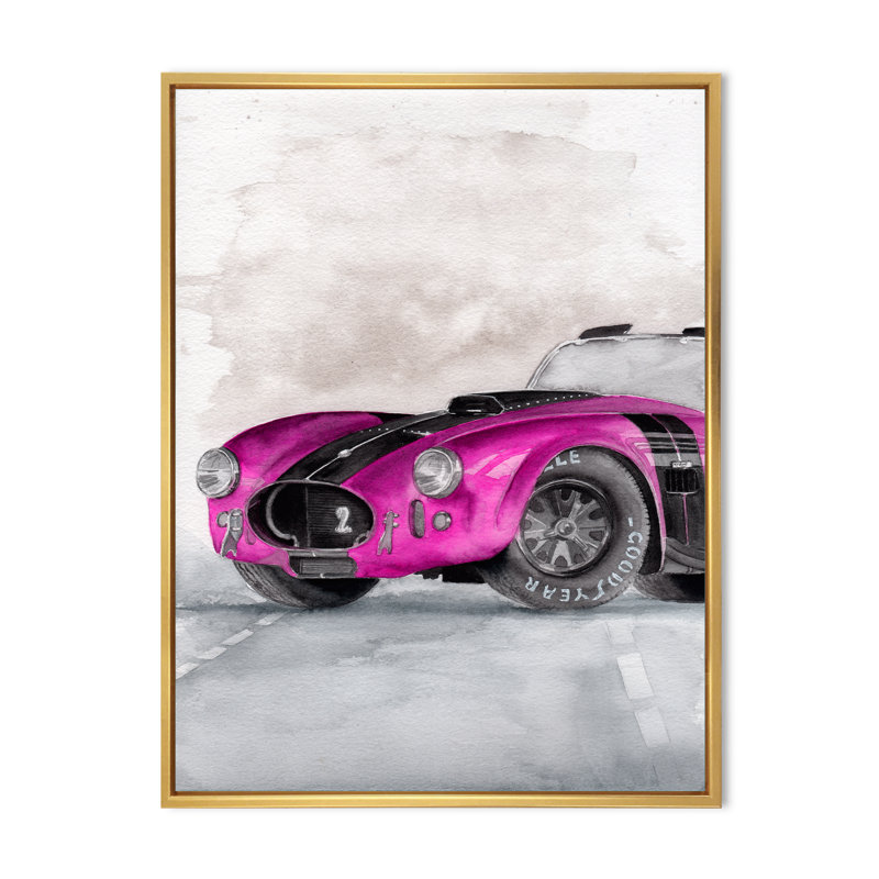 «Beautiful Old Magenta Car on Grey», peinture sur toile, H 20 po x l 12 po x P 1 po, Cadre flottant doré