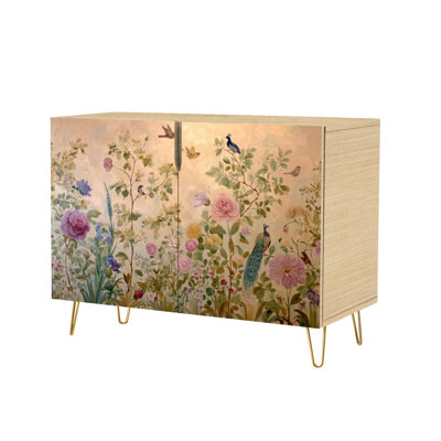 Sideboard Buffet Cabinet with Storage Botanical Vista Hand Painted Wall Art with 2 Doors for Living Room and Kitchen