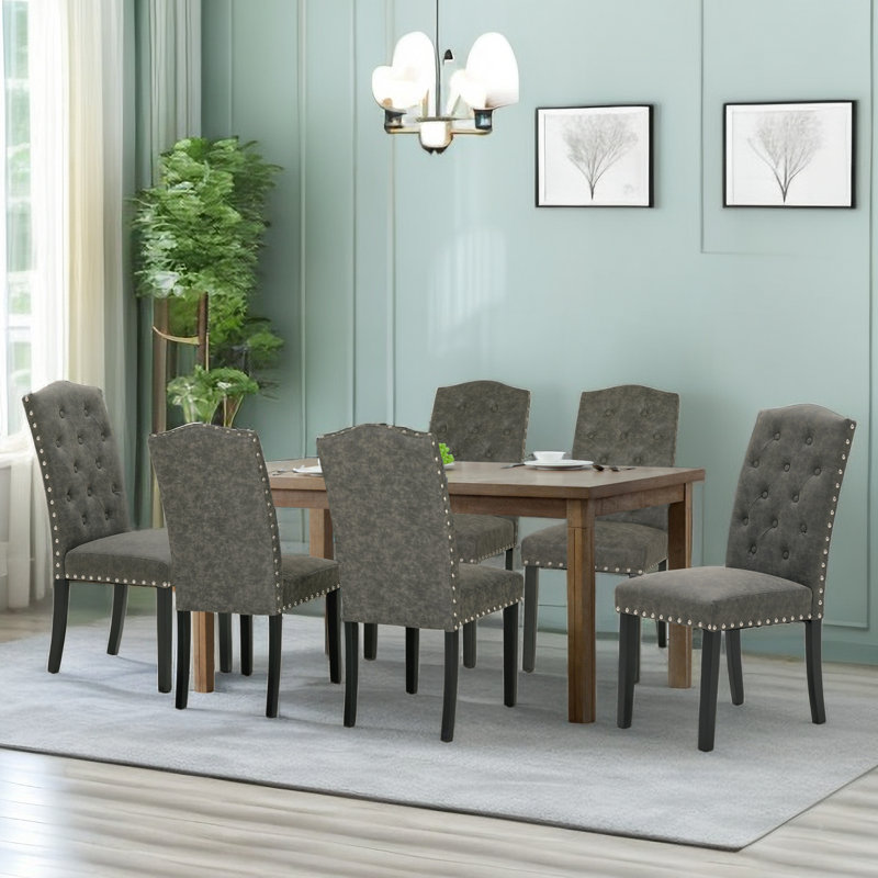 Tanee Tufted Upholstered Solid Wood Dining Chair, Dark Gray, Black