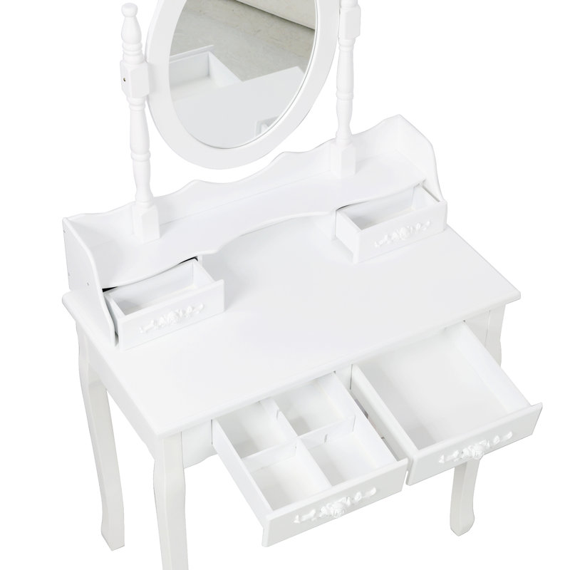 Bureau de meuble-lavabo avec miroir pivotant à 360 °, rangement à 4 tiroirs, finition blanche, tabouret confortable, tiroirs d'organisation soignés, utilisation polyvalente dans la chambre à coucher