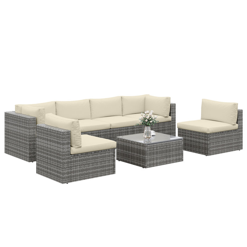 Wicker 6 - Person Modular Patio Conversation Sets with Cushions, Grey Frame/Beige Cushion