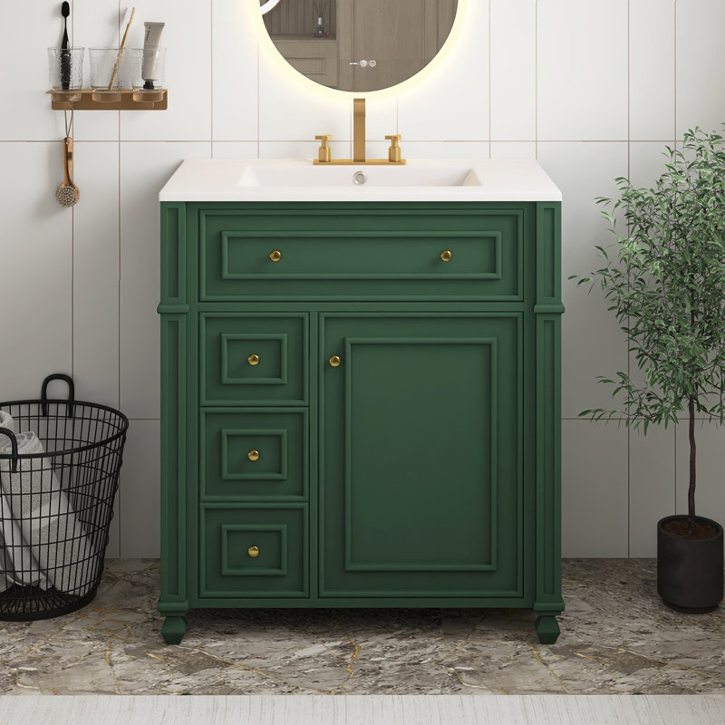 Meuble-lavabo vert 30 po avec lavabo en céramique, meuble de rangement avec portes à fermeture douce et organisateur de porte et tiroirs