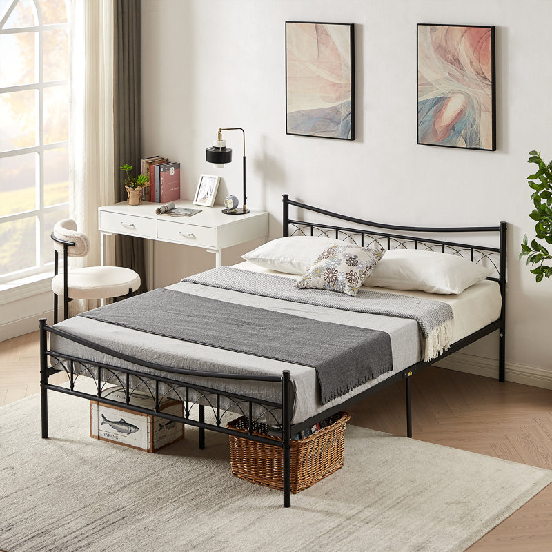 YT Black Metal Bed Frame with Unique Patterned Headboard and Footboard, Double (4'6)