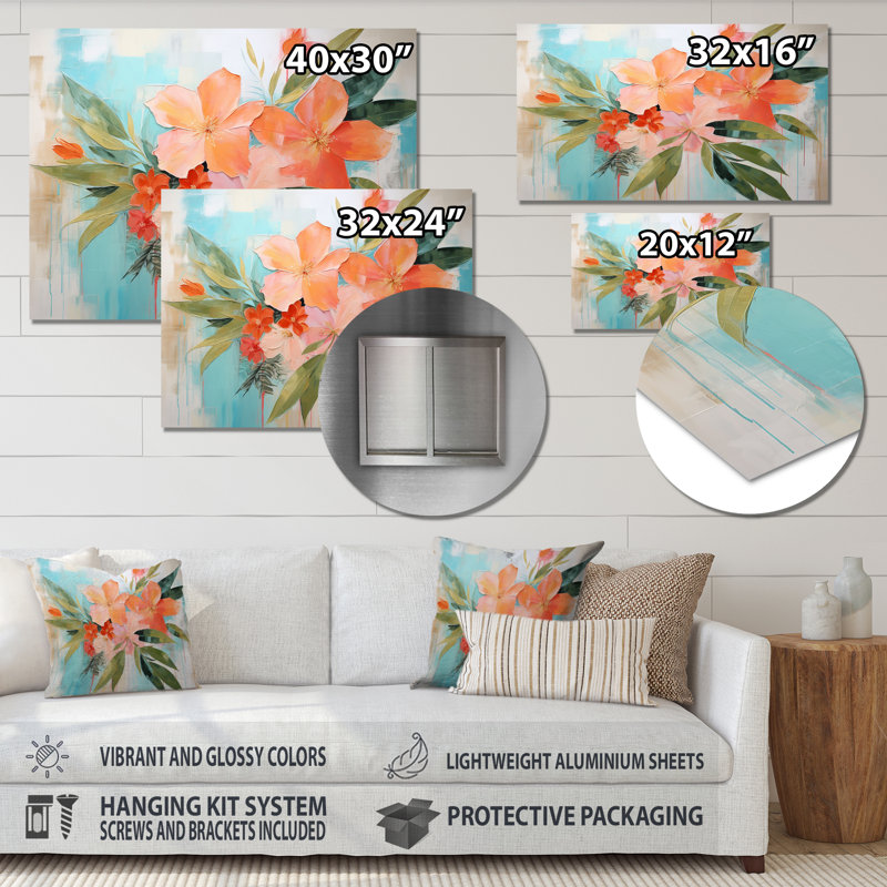 Art moderne moderne rose et vert fleurs tropicales - Collages abstraits en métal, H 24 po x l 32 po x P 1 po