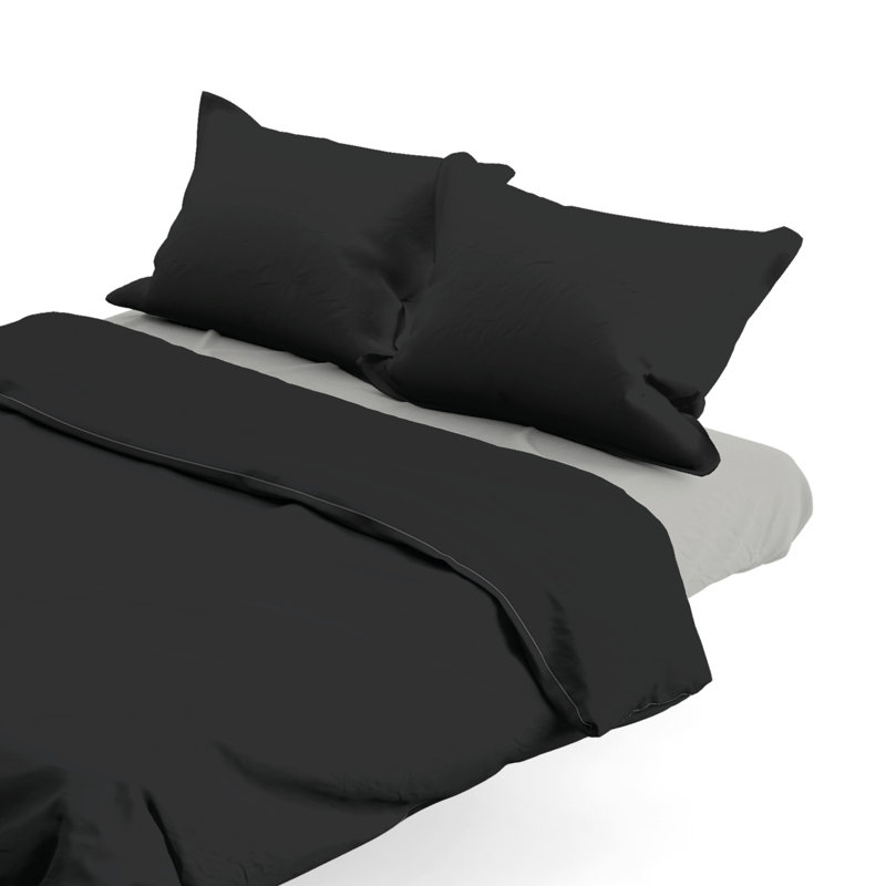 Cotton Solid Colour Duvet Cover Set with Pillowcases, Black, 155 x 220 cm - 1 Pillowcase 80 x 80 cm