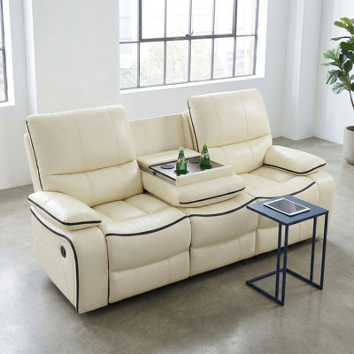 Manual Reclining Living Room Furniture, Bonded Leather Sofa W/Drop-Down Console, Loveseat W/Storage Console, Chair For Living Room/House/Bedroom/Office/Apartment (Ivory White, Sofa)
