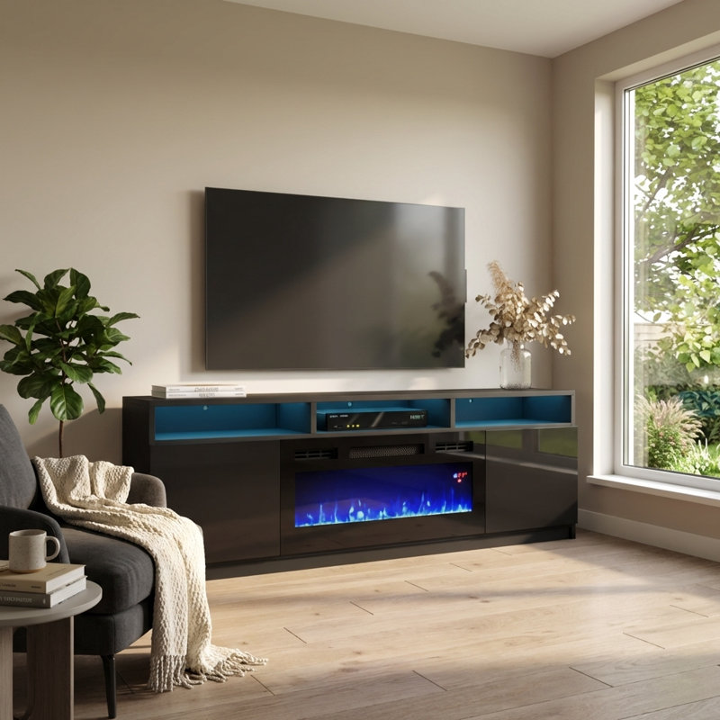 Anirudh 63" Modern TV Stand with Electric Fireplace, High Gloss Finish, Media Storage, Black