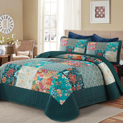 Ensemble de 3 ensembles de courtepointe patchwork, ensemble de couvre-lit à motif floral bohémien, literie matelassée rétro en microfibre douce pour toutes les saisons