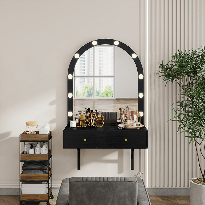 Meuble-lavabo flottant avec miroir et 3 lumières de couleur, table murale avec prise de courant et grand rangement