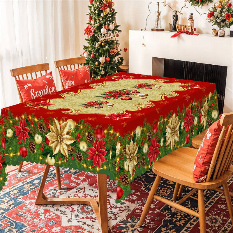 1pc round/rectangular polyester Edelman, Christmas Edelman with pine, snowman, truck, embosed edge, Christmas decorations for dining table, festival party holiday table decoration, perfect festival gift