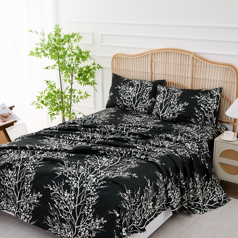 Ensemble de draps en microfibre Foliage, Noir/Ivoire, Drap pour taille de lit très grand avec drap-hous