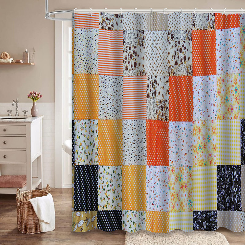 Rideau de douche patchwork multicolore en tissu style campagne avec 12 crochets, L 72 po x l 78 po