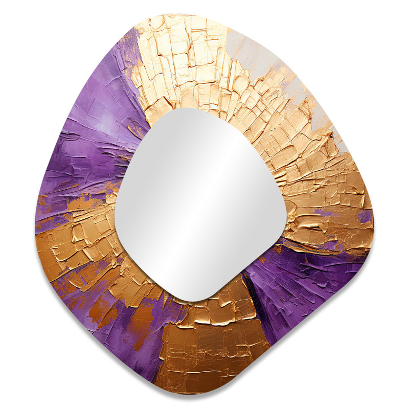 Gold And Purple Lunar Vector I - Abstract Painting Asymmetrical Wall Mirror, Beige Unique Shape Decorative Mirror, Printed Metal Art