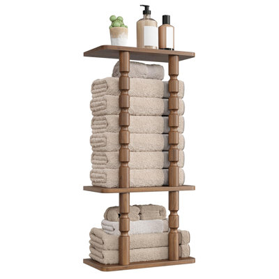 Porte-serviettes mural à 3 niveaux pour salle de bain, 2 pieds tournés en bois massif, support pour serviettes roulées, organisateur de rangement de salle de bain avec étagères en bois, robuste et grande capacité, (noyer)